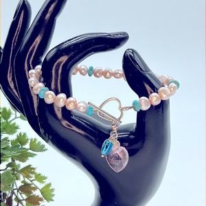 Freshwater Pearl & Turquoise Bead Bracelet with Pink Crystal Charm